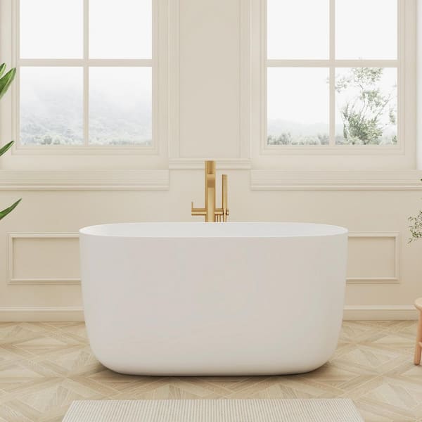47 in. x 23 in. Solid Surface Stone Resin Flatbottom Freestanding Bathtub Soaking Bathtub in Matte White