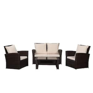 4-Piece Brown Wicker Patio Conversation Set with Beige Cushions