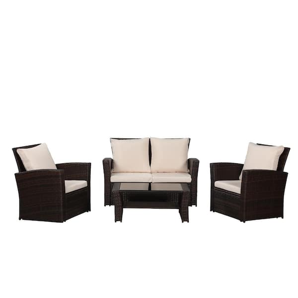 maocao hoom 4-Piece Brown Wicker Patio Conversation Set with Beige Cushions