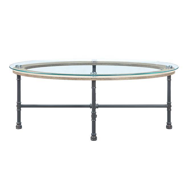 Industrial Oval Glass Top Coffee Table with Metal Frame