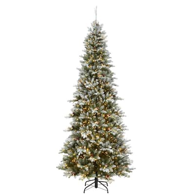 9 ft. Feel Real Snowy Morgan Spruce Slim Artificial Christmas Tree with 2200 Dual Color LED Cosmic Lights & PowerConnect