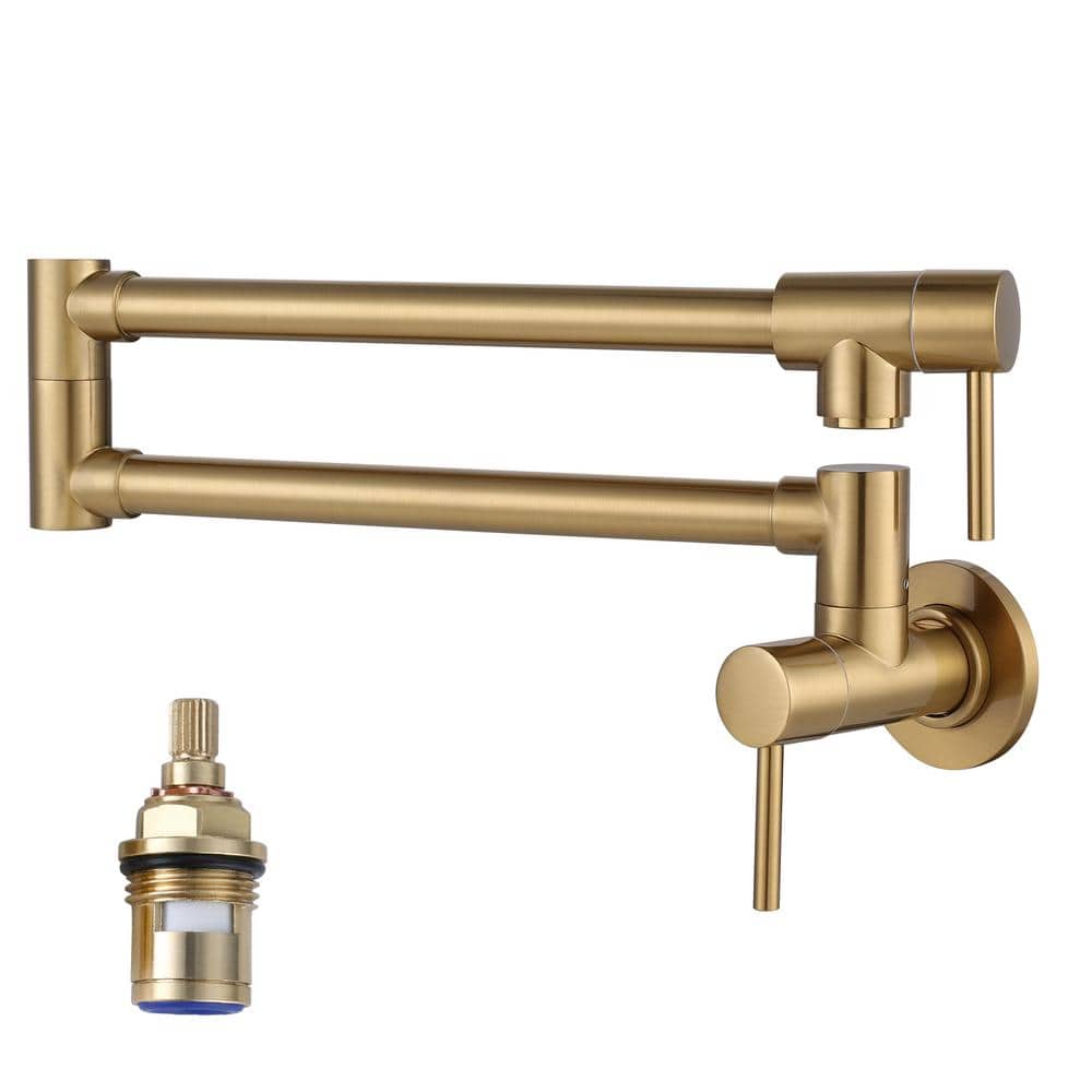 ALEASHA WallMounted Pot Filler with DoubleHandles in Brushed Gold AL