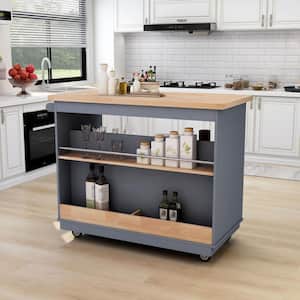 Grey Blue Solid Wood 46 in. W Kitchen Island with 2 Drawers and 3 Open Compartments and Wood Top, Rolling Type