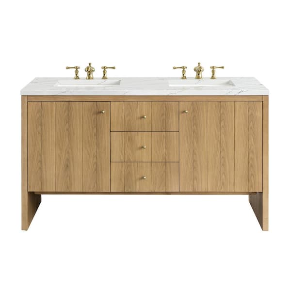 James Martin Vanities Hudson 60.0 in. W x 23.5 in. D x 34.2 in. H Bathroom Vanity in Light Oak with Ethereal Noctis Quartz Top
