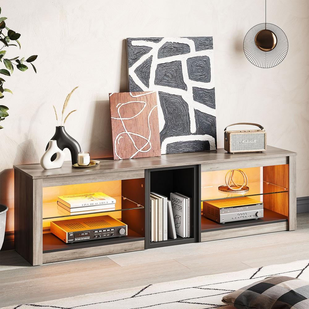 Grey Wash 63" TV Stand with LED Lights and Glass Shelves
