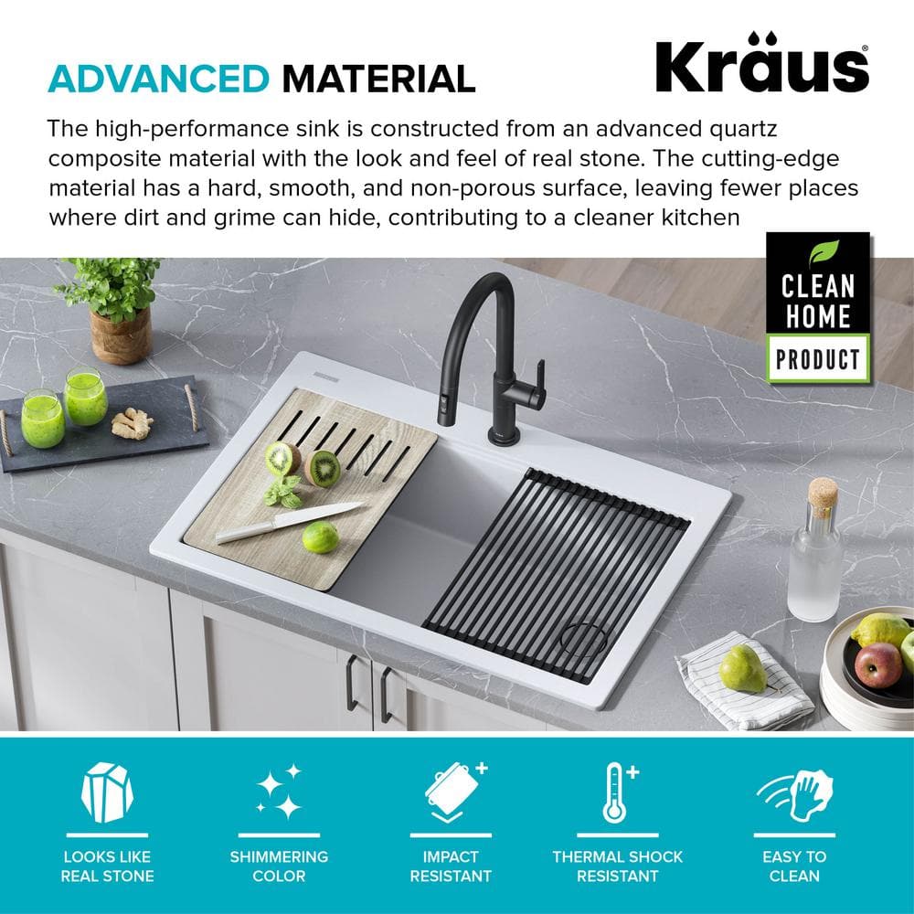 33 in. White Granite Composite Single Bowl Workstation Kitchen Sink with Accessories