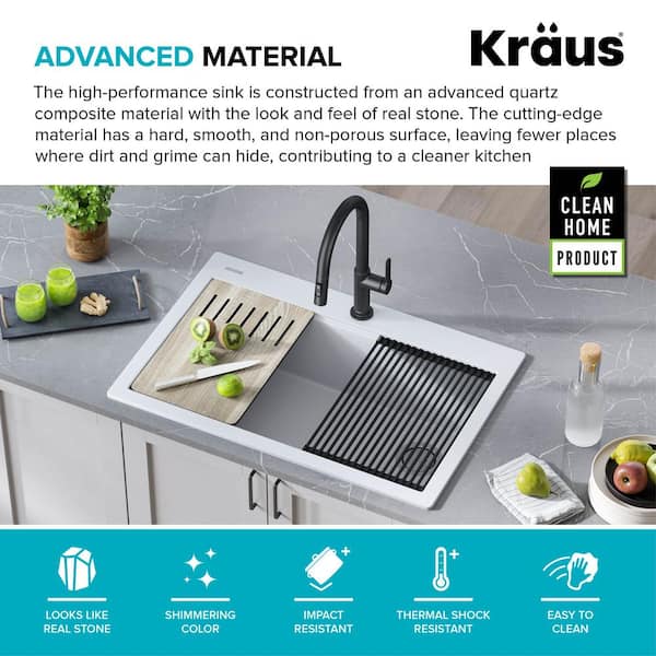 Kraus KGUW2-33MGR Bellucci Workstation 33 in. Undermount Granite Composite Single Bowl Kitchen Sink in Metallic Gray with Accessories