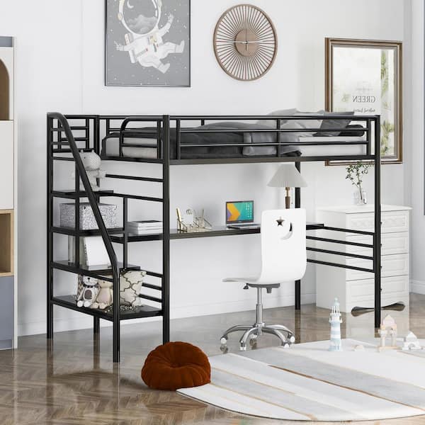 Qualler Black Twin Metal Loft Bed Frame with Desk