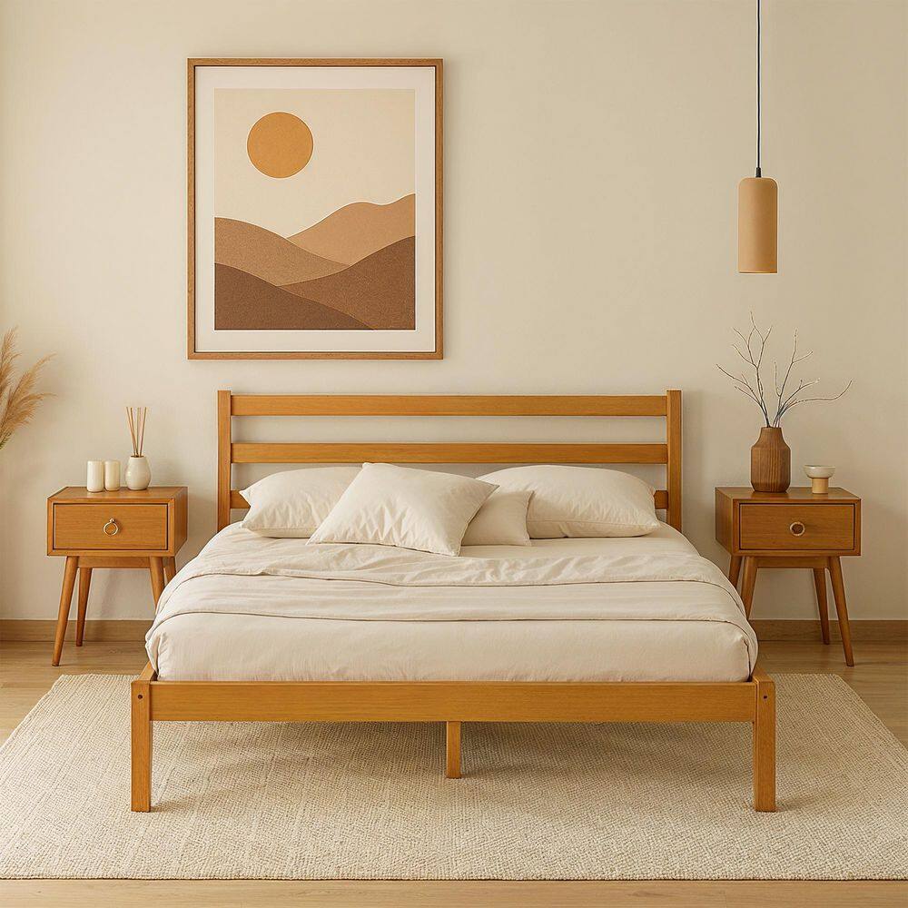 Brown Solid Wood Frame Queen Size Platform Bed with Headboard