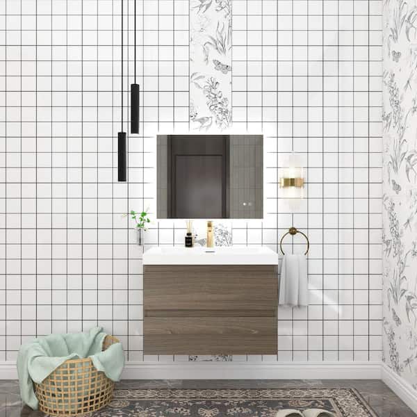 Unbranded 30 in. W x 19.5 in. D Single Sink Wall-Mounted Bathroom Vanity in Ash Grey with Glossy White Resin Top