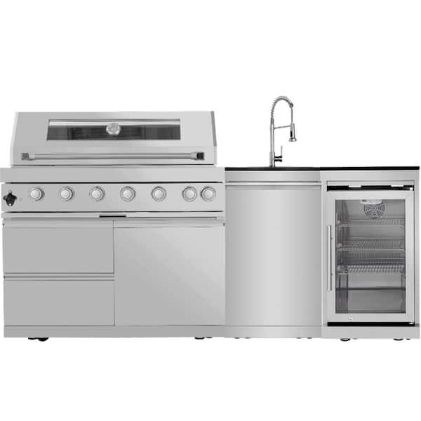6-Burner Propane Gas Grill Island in Stainless Steel with Sink and Refrigerator