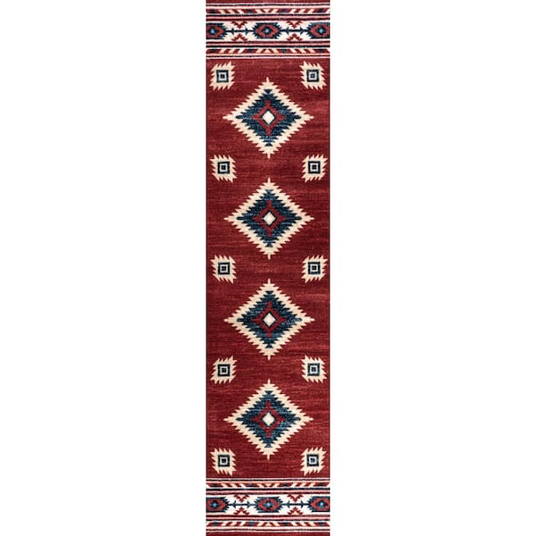 Red/Navy/Cream 2 ft. x 8 ft. Serape Medallion Southwestern Runner Rug