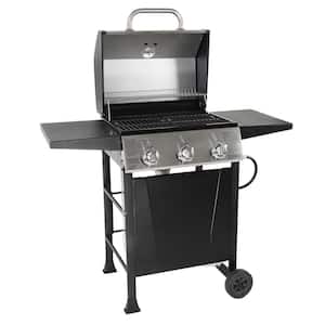 3 Burner Gas Grill in Black with Top Cover and Shelves Stainless Steel, 2 Number of Side Burners