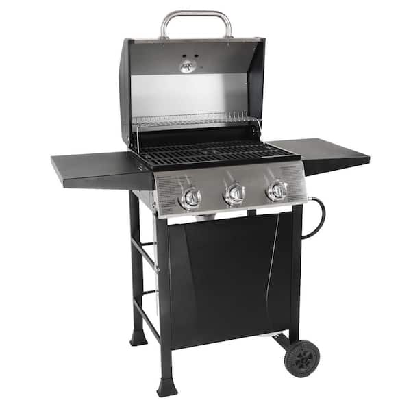 Grill Boss 3 Burner Gas Grill in Black with Top Cover and Shelves Stainless Steel, 2 Number of Side Burners
