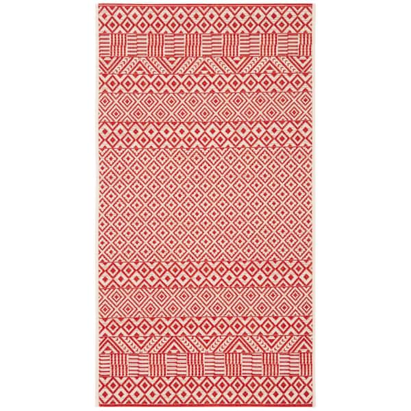 Courtyard Beige/Red 3 ft. x 5 ft. Tribal Striped Diamonds Indoor/Outdoor Area Rug