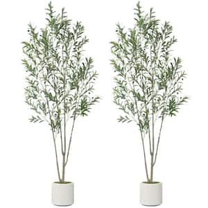 8 ft. Green Artificial Tree Olive Tree in White Faux Decorative Plant Pot Realistic Leaves for Indoor Decor (2 Pack)