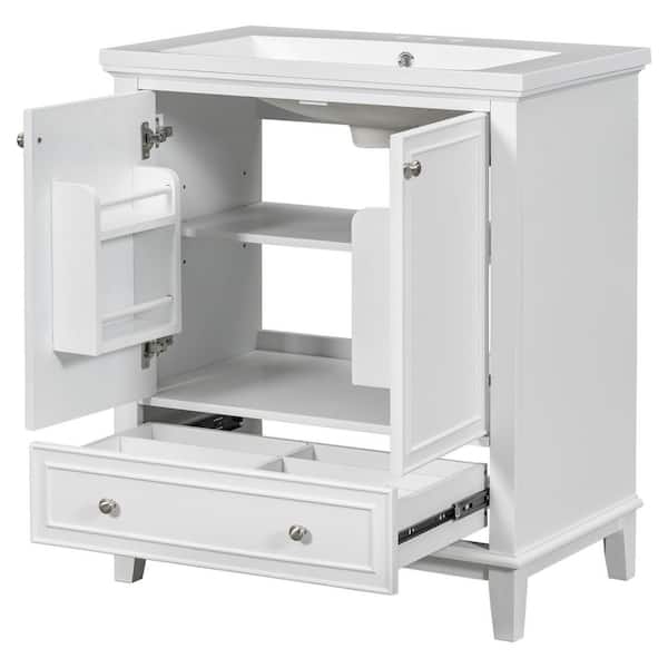30 in. W x 18 in. D x 34.8 in. H Single Sink Freestanding White Bath Vanity with White Ceramic Top and Drawer