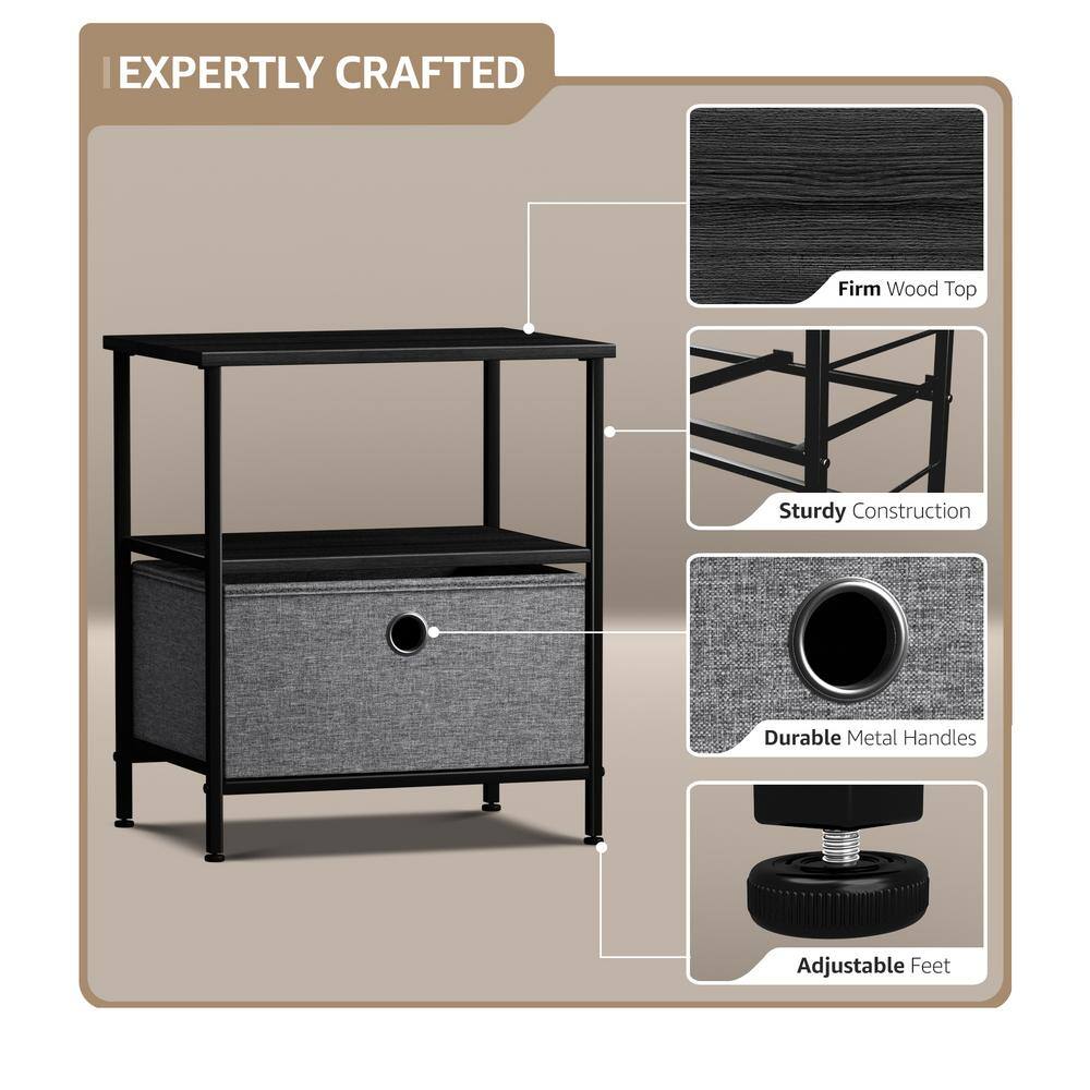Black Steel Frame Nightstand with Wood Top and Fabric Drawer