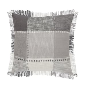 Angelica Aluminum Gray / White Striped Plaid Fringed Casual Soft Poly-Fill 20 in. x 20 in. Indoor Throw Pillow