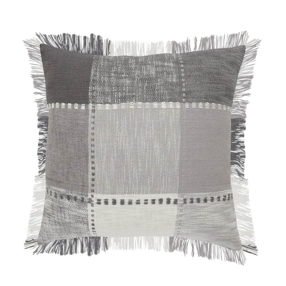Angelica Aluminum Gray / White Striped Plaid Fringed Casual Soft Poly-Fill 