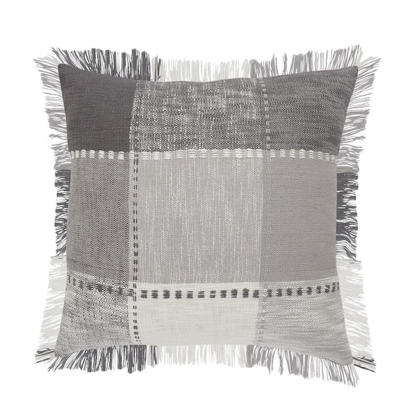 Unbranded Angelica Aluminum Gray / White Striped Plaid Fringed Casual Soft Poly-Fill 20 in. x 20 in. Indoor Throw Pillow
