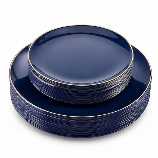 125-Piece Navy Blue Disposable Plate and Gold Rim Tableware Set for 25 Guests