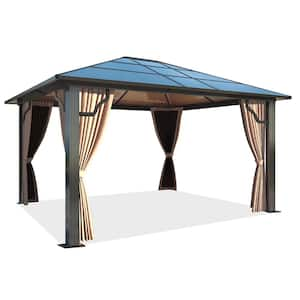 10 ft. x 12 ft. Hardtop Gazebo Outdoor Polycarbonate Roof Aluminum Frame Gazebo with Netting and Curtains