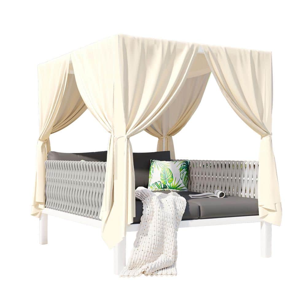 1-Piece Metal Outdoor Day Bed, Woven Rope Sunbed with Curtains, High Comfor