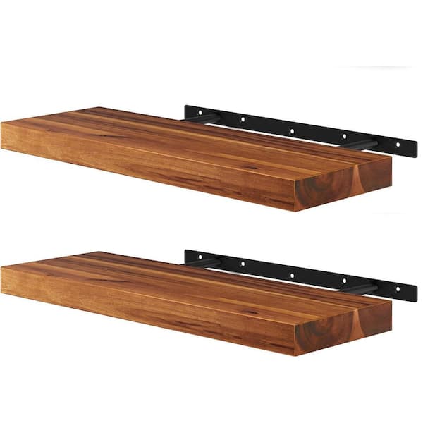 17 in. W x 6 in. D Brown Acacia Wood Floating Shelves Decorative Wall Shelf Set of 2