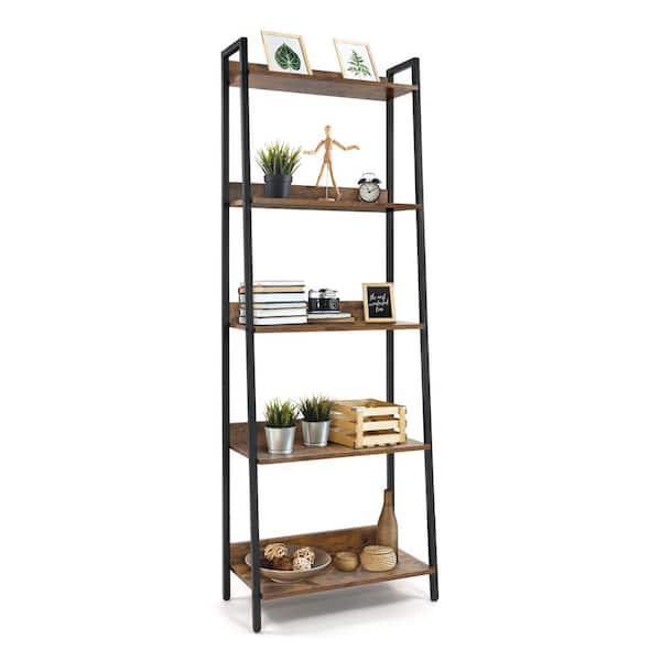 CAPHAUS 67 in. Rustic Oak Bookcase Shelf Organizer, 24 in. W 5 Tier Ladder Bookshelf for Home Office, Living Room and Kitchen