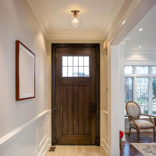 Modern 7.87 in. 1-Light Antique Gold Semi-Flush Mount with Clear Globe Glass Shade and No Bulbs Included