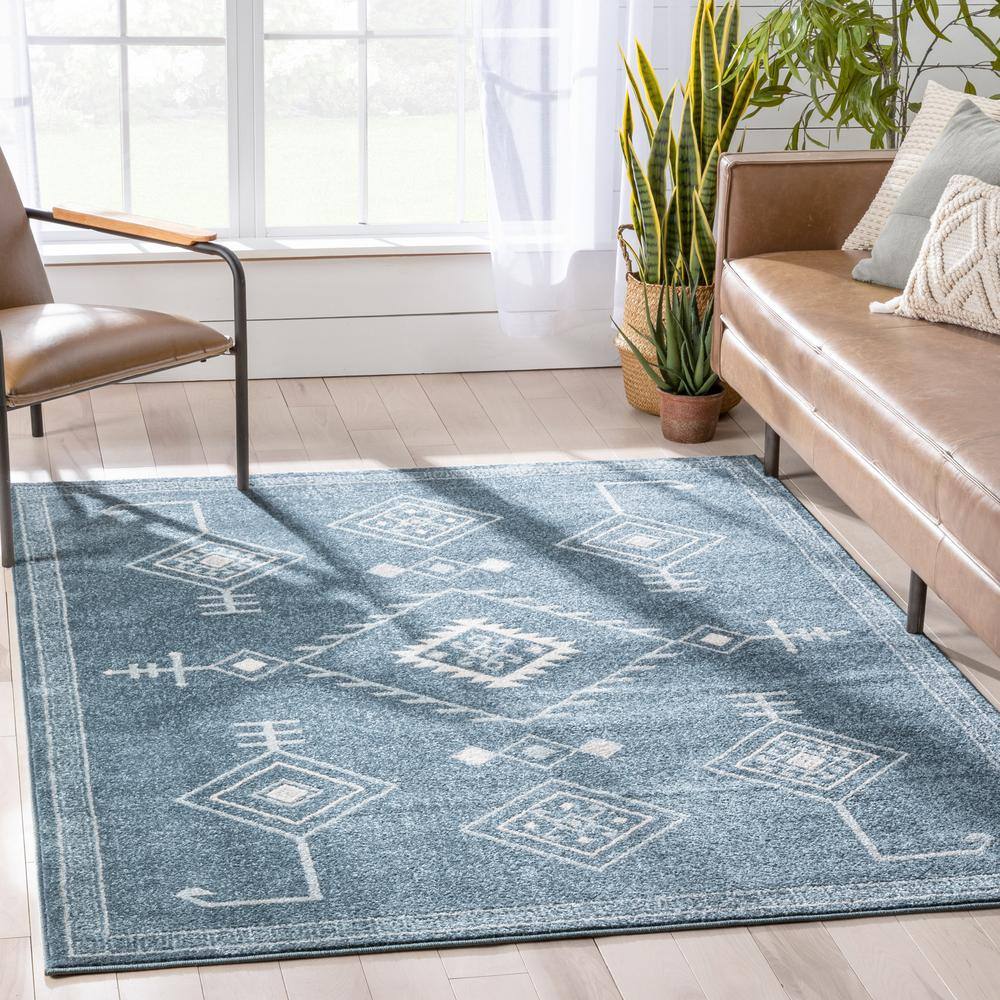Sydney Dark Blue Geometric Synthetic Rectangular Area Rug