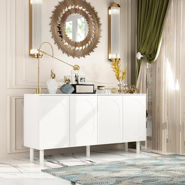 FUFU&GAGA White Wooden 31.5 in. Height x 63.2 in. Width Sideboard, Storage Cabinet with 4 Shelves and 4 Pressed Doors