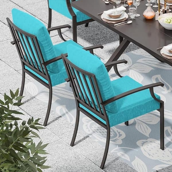 Brown Patio Metal Outdoor Dining/Side/Restaurant Chairs with Modern, Curved Armrests and Blue Cushions (2-Pack)