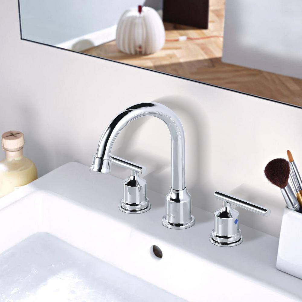 Polished Chrome Double Handle Widespread Bathroom Faucet with Drain Kit