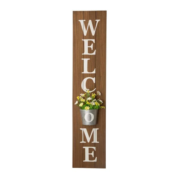 Glitzhome Wooden Welcome Porch Sign with Metal Planter