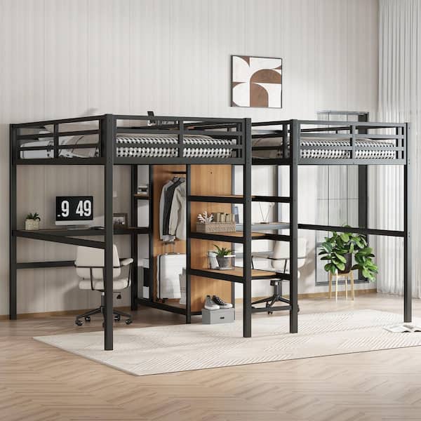 Black/Rustic Brown Twin Wood/Metal Loft Bed with Double Desk and Wardrobe and Shelves,electrical Outlet for Space Saving
