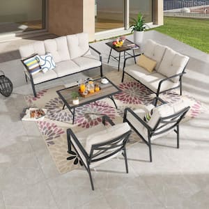 6-Piece Metal Outdoor Patio Conversation Set with Beige Cushions