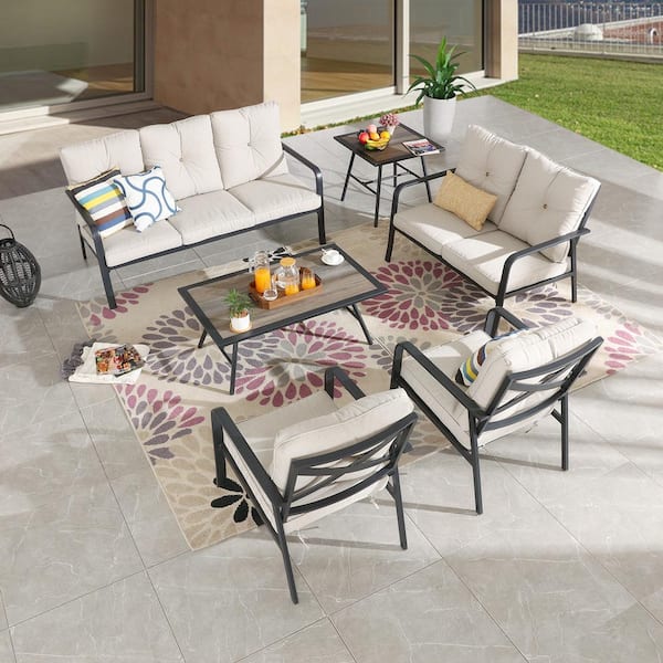 Patio Festival 6-Piece Metal Outdoor Patio Conversation Set with Beige Cushions