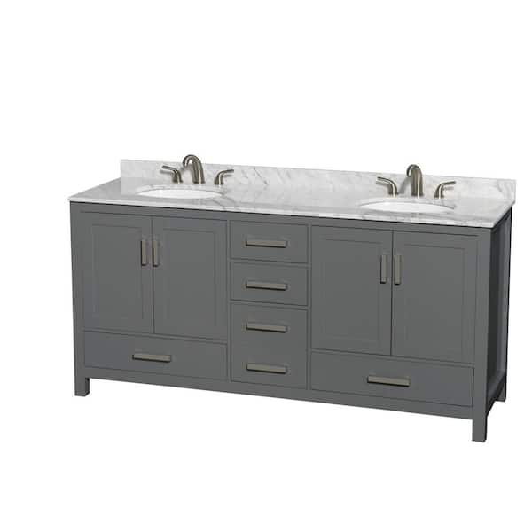 Wyndham Collection Sheffield 72 in. W x 22 in. D x 35 in. H Double Bath Vanity in Dark Gray with White Carrara Marble Top