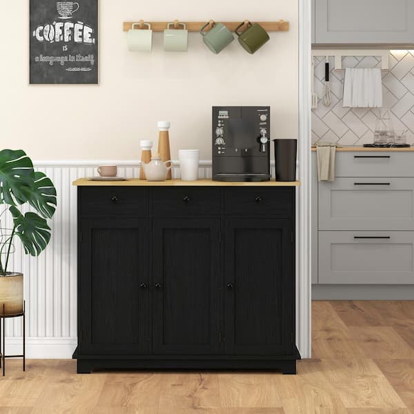 Black Particle Board 39.75 in. Sideboard with 3 Drawers, 3 Cabinets and Adjustable Shelves