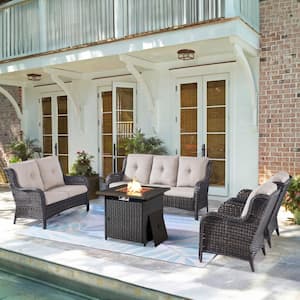 5-Piece Brown Wicker Outdoor Patio Fire Pit Seating Set with CushionGuard Beige Cushions