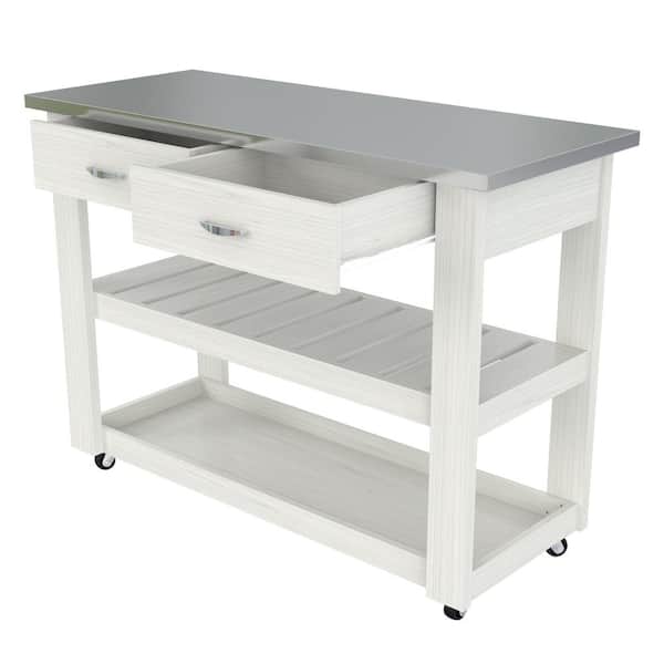Inval White 46.8 in. x 33.8 in. x 19.7 in. Kitchen Utility Cart with Stainless Steel Top