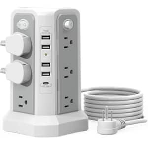 12-Outlet Power Tower Surge Protector with 5 USB Ports Extension Cord in Gray White-4A1C