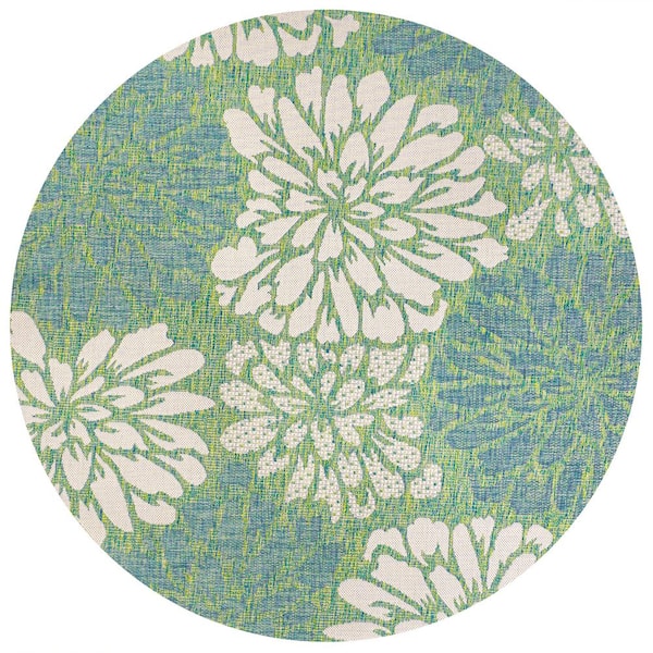 Zinnia Modern Floral Textured Weave Cream/Green 5 ft. Round Indoor/Outdoor Area Rug