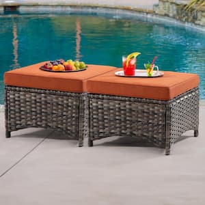 Wicker Outdoor Patio Ottoman with Orange Cushions (Set of 2)