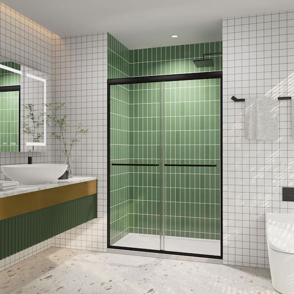 44-48 in. W x 72 in. H Semi-Frameless Sliding Shower Door in Matte Black Finish, 1/4 in. (6mm) Clear Tempered Glass