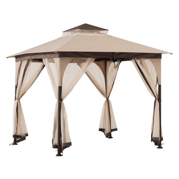 9.5 ft. x 9.5 ft. Soft Top Outdoor Steel Frame Gazebo Canopy with Double Roof and Nettting for Backyard, Beige and Brown