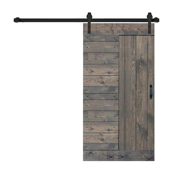 ISLIFE L Series 42 in. x 84 in. Smoky Gray Finished Solid Wood Sliding Barn Door with Hardware Kit - Assembly Needed