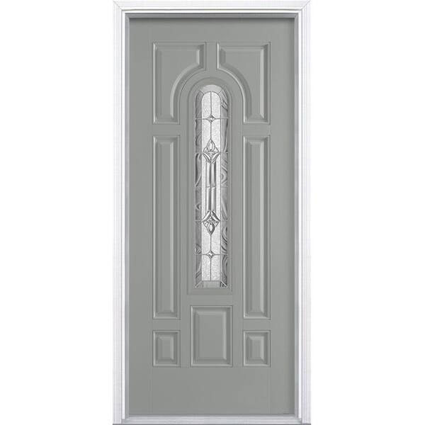 Masonite 36 in. x 80 in. Providence Silver Cloud Center Arch Painted Smooth Fiberglass Prehung Front Door with Brickmould